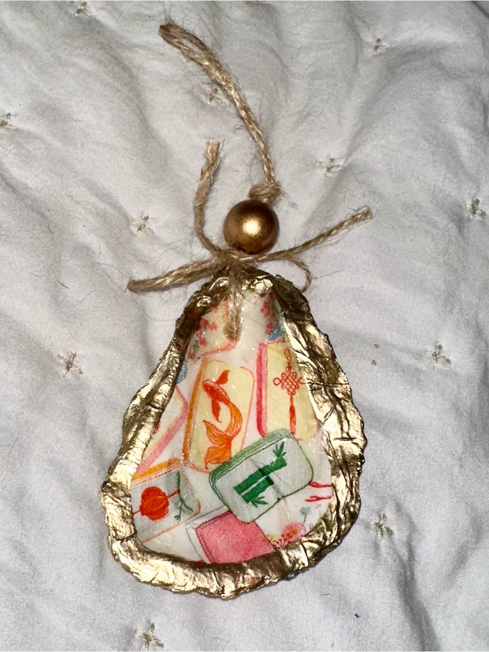Decoupage Gold-Edged Mahjong Oyster Shell Ornament with Jute Loop
